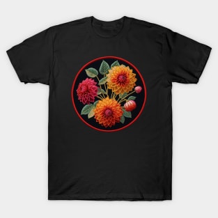 Fiery Dahlias Embroidered Patch T-Shirt